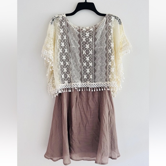 Anthropologie A'reve Eyelet Dolman Dress Womens Size L Brown Lace Overlay - Picture 5 of 13